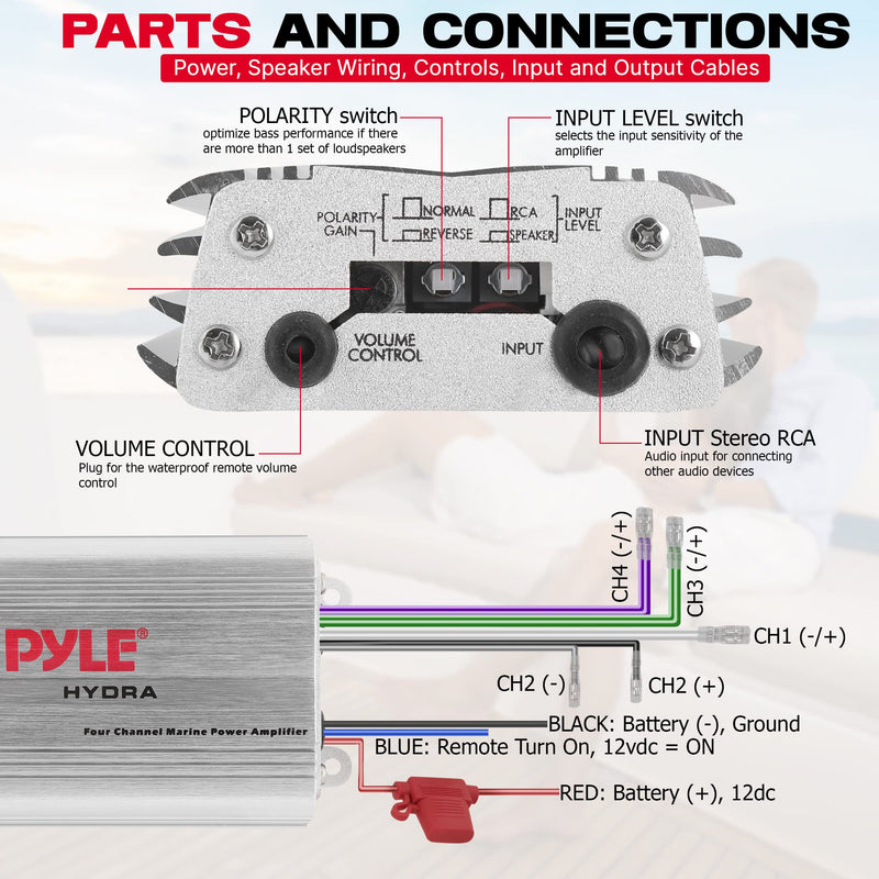 Pyle 400W 4-Channel Hydra Marine Micro Amplifier - Waterproof - RCA Input - 3.5mm Jack - MP3 - Soft Turn On/Off - Volume Gain Level Remote Control - Power Protection - PLMRMP3A Standard Packaging