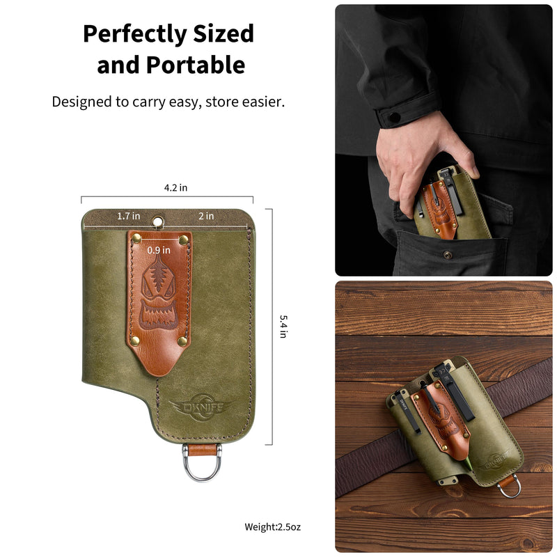OKNIFE Osheath S1 3 in1 Leather Sheath for Flat Flashlight, Pocket Knife, Mini Pen, EDC Kit Belt Organizer for Belt with Horseshoe Buckle Keychain