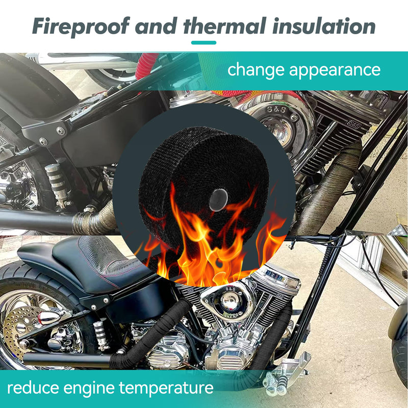 Exhaust Heat Wrap Roll 2" x 33' Black Fiberglass Heat Shield Tape 1 Rolls 5cm x 10m with 10pcs Stainless Ties for Motorcycle Car Truck Black33' /1roll