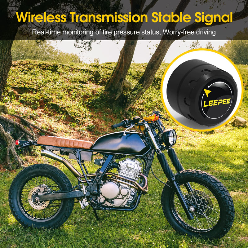 leepee Motorcycle Tire Pressure Monitoring System, Tire Pressure and Temperature Alarm, Wireless Motorcycle TPMS with 2 External Sensors, Support iOS and Android