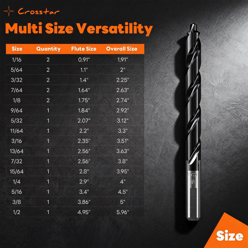 Crosstar M35 Cobalt Drill Bit Set - 21pcs 1/16"-1/2" TiAlN Coated Self-Centering Metal Drill Bits for Thin Hardened Steel, Stainless Steel, Titanium| Bullet Point Tip, High-Speed Jobber Bits 21pcs(1/16in-1/2in)