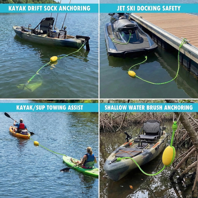 Obcursco Kayak Tow Line,Drift Sock Anchor Rope for Fishing Boat,Buoy Float Docks for Lake Jet Ski Boat Accessories (12-20FT) Yellow/Green 12ft