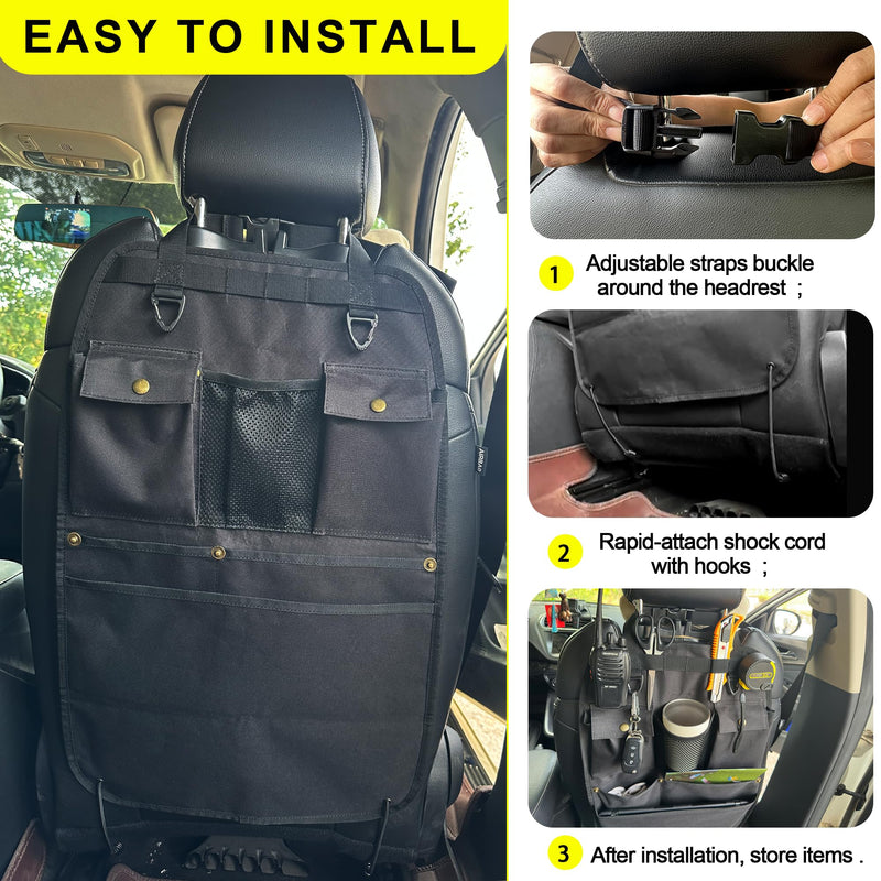 Black Car Seat Back Organizer with Multiple Pockets and Hooks black