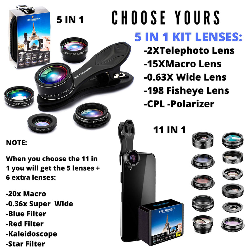 SHUTTERMOON iPhone Camera Lens Kit iPhone Smartphones/Pixel/Samsung/Android Phones Camera. 2xTele Lens ZoomLens+Fisheye Lens+0.36XSuper Wide Angle Lens & 20X Macro Lens CPL.Blue &Red Filter Filter 11 in 1