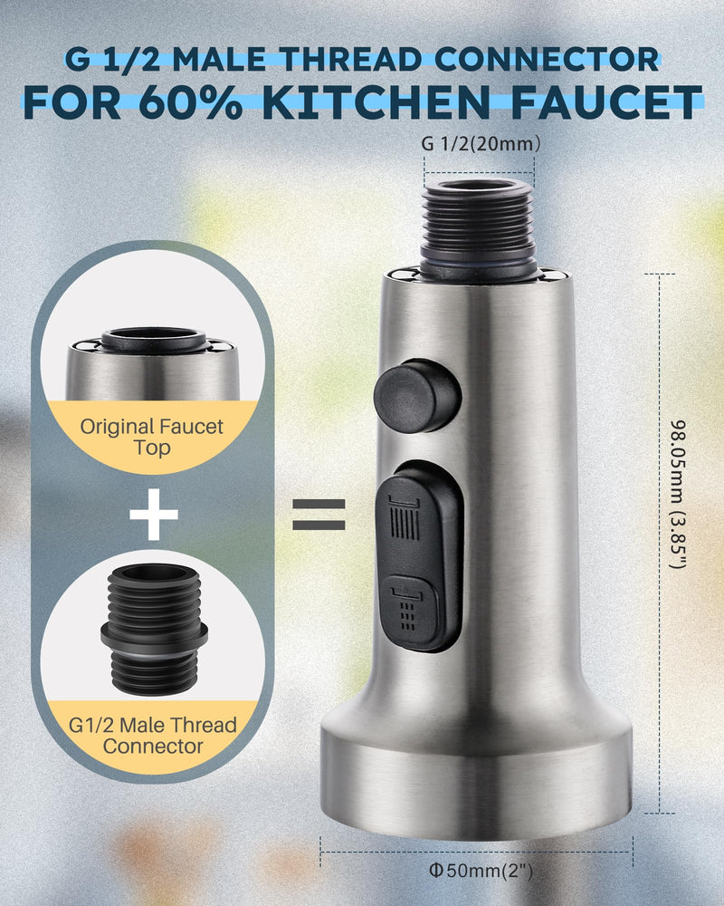 Stainless Steel Kitchen Faucet Head: ARCORA 3-Function Kitchen Faucet Head Replacement with 13 Adapters - Brushed Nickel Pull Down Spray Head Compatible with Moen, Delta, American Standard Faucets Stainless Steel