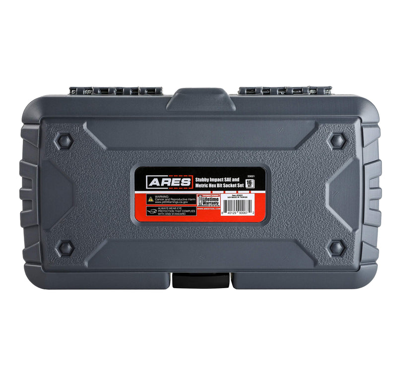 ARES 23021-16-Piece Stubby Impact SAE and Metric Hex Bit Socket Set - Chrome Moly Steel Construction and Manganese Phosphate Coating - Includes Storage Case - Designed for Impact Use Stubby SAE and Metric Impact Hex Driver Set