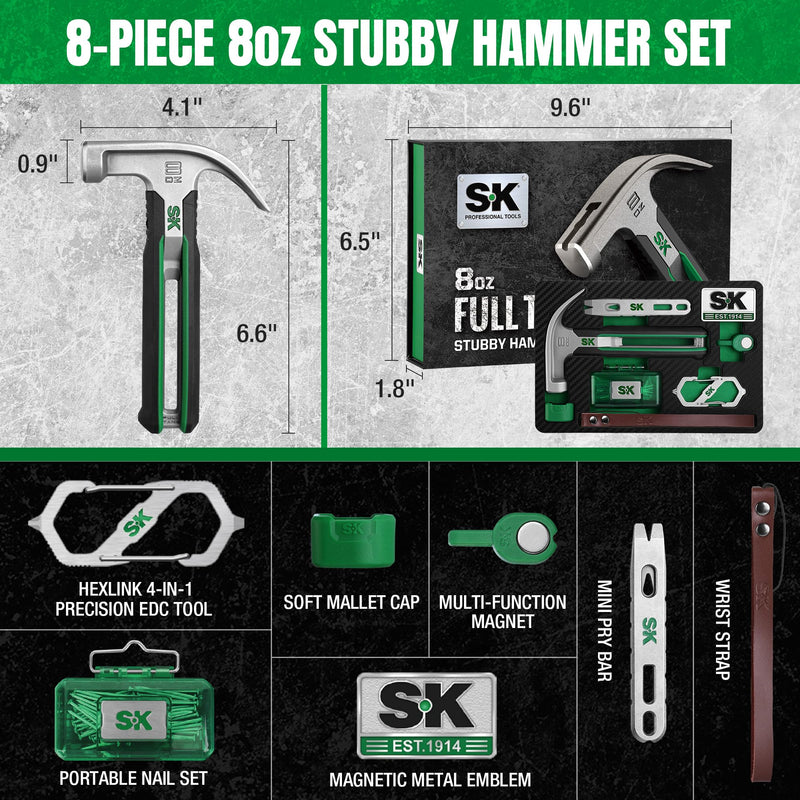 SK Gifts for Men, 8-Piece Hammer Tool Set, 8oz Stubby Claw Hammer, Full Tang Hollow Metal Frame, with EVA Foam Tool Organizer, Birthday Gift for Dad, Husband, Grandpa, Ladies and Beginners