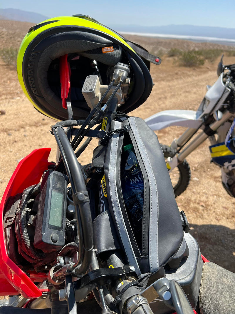 Handlebar Trail Bag for Adventure Motorcycles, Dirt Bikes, ATV, eBikes | 2L Storage for Tools, Phone, Keys, Snacks | Heavy Duty Water Resistant PVC Material, Glove-Friendly Waterproof Zippers