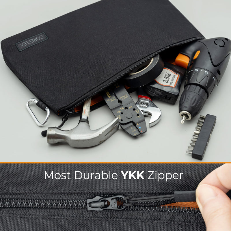 COREFLEX Premium Tool Pouch Zipper Bag, Small Tool Bag, Multipurpose Storage pouch, Heavy duty Flat Bottom Tool bag with YKK Zipper (6 pack Large 12inch Black) 6 pack Large 12inch Black