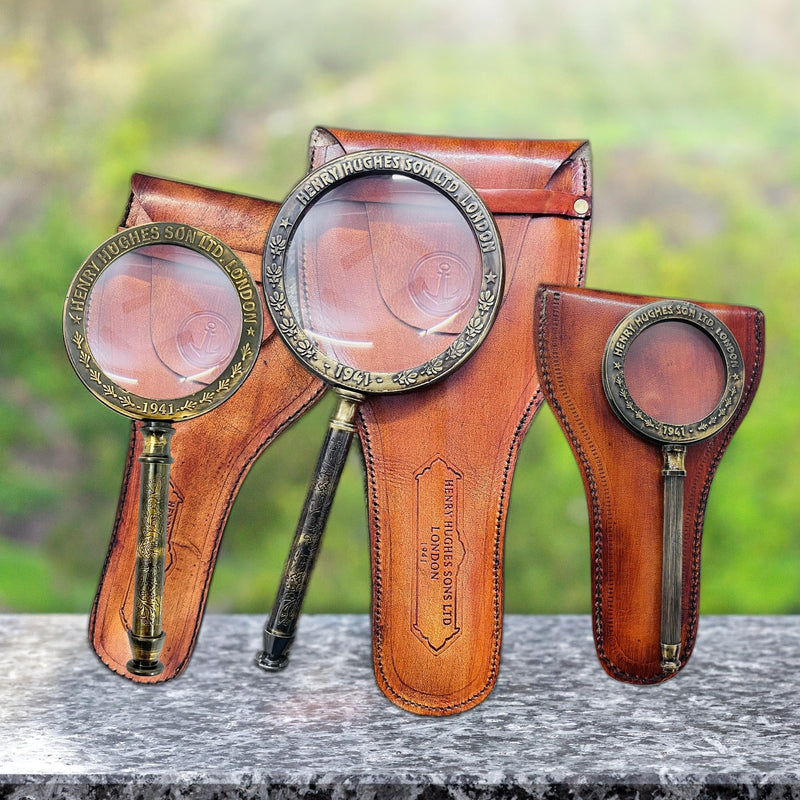 Large 10x Brass Magnifying Glass by The Magic Bella – Antique Henry London Engraved Solid Brass Magnifier with Optical Lens, Vintage Marine Style, Leather Case for Reading & Coins Large