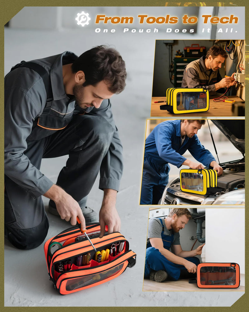 Marscamd 2 Pack Tool Pouch with Dual Compartments, 12” Tool Bag with Detachable Shoulder Strap, Carry Handle and Translucent Window, Orange-red/Yellow Orange-red and Yellow
