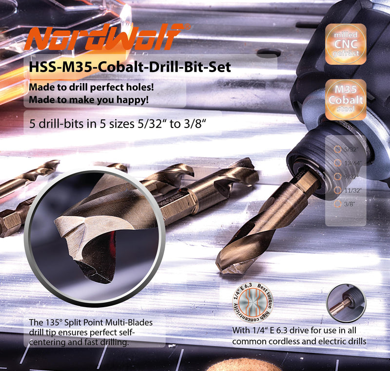 NordWolf 5-Piece M35 Cobalt Stubby Drill Bit Set for Stainless Steel & Hard Metals, with 1/4" Hex Shank for Quick Chucks & Impact Drivers, SAE Sizes 5/32"-13/64"-9/32"-11/32"-3/8" in Storage Box 5/32" to 3/8" (5 Pcs)
