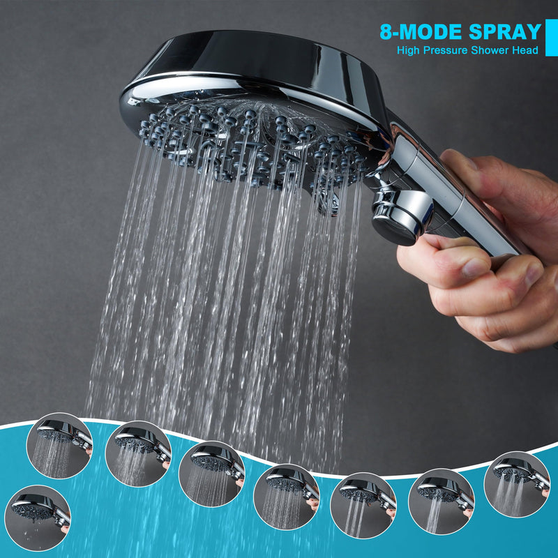 Handheld Shower Head with ON/OFF Switch,Detachable 8 Mode High Pressure Shower Wand with Long Hose and Bracket PLUS Extra Adhesive Holder for Lower Mount,Built-in Power Wash to Clean Tub,Silve Silver