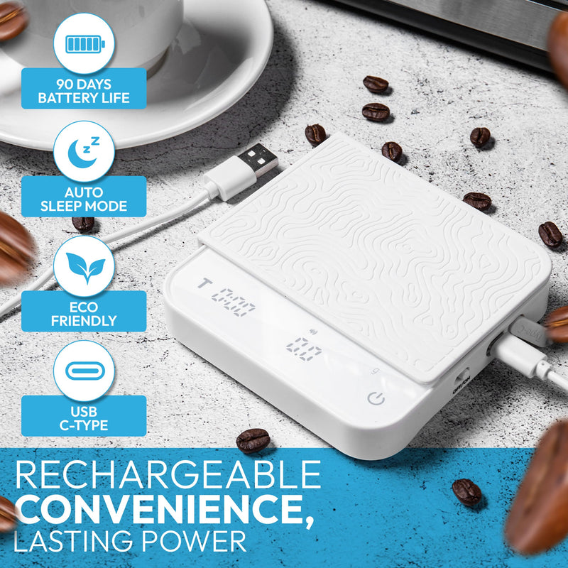 Mini Coffee Scale with Timer – Digital Barista Weight Scale with Designer-Patterned Tamper Mat, 0.1g High Precision, Portable & Rechargeable for Espresso, Pour Over, Drip, and Kitchen Brewing Use White