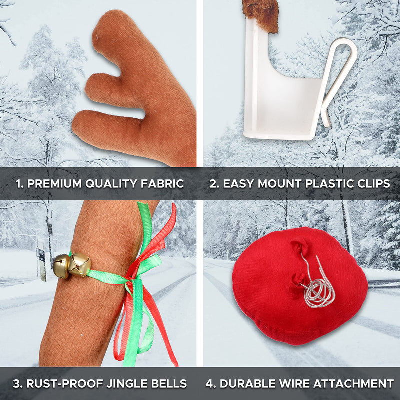 EcoNour Car Reindeer Antlers & Nose for Christmas | Car Decoration Kit with Reindeer Antler, Jingle Bells & Nose | Reindeer Horns Set Made of Sponge Stuffings | Rudolph Car Decoration for Christmas
