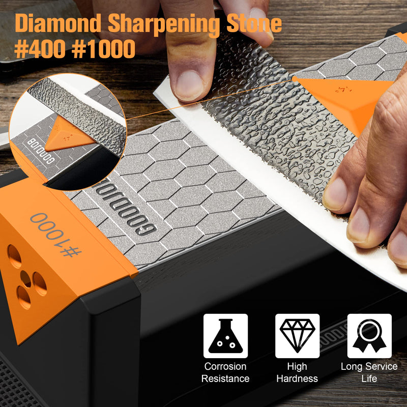 Goodjob Diamond Sharpening Stone 3 Side Grit 400/1000/8000 Premium Industrial Diamond & Ceramic Whetstone Knife Sharpener Suitable for Steel of any Hardness with Angle Guide and Non-Slip Base (GB-3D) Small