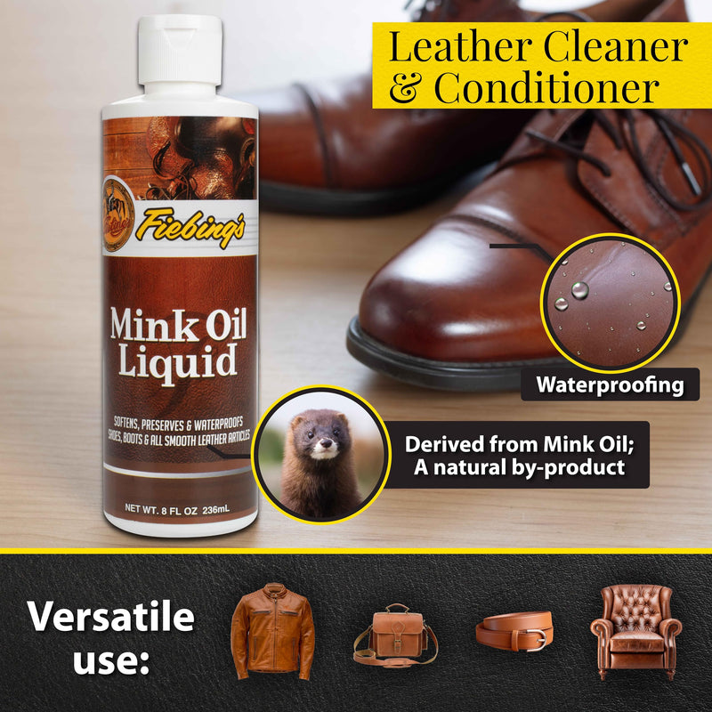 Fiebing's Liquid Mink Oil for Leather Boots (8 fl oz) - Leather Cleaner & Conditioner - Waterproof, Preserve, Soften All Smooth Leathercraft & Vinyl - Prevents Salt Stains - Use On Couch, Shoe, Purse 8 oz