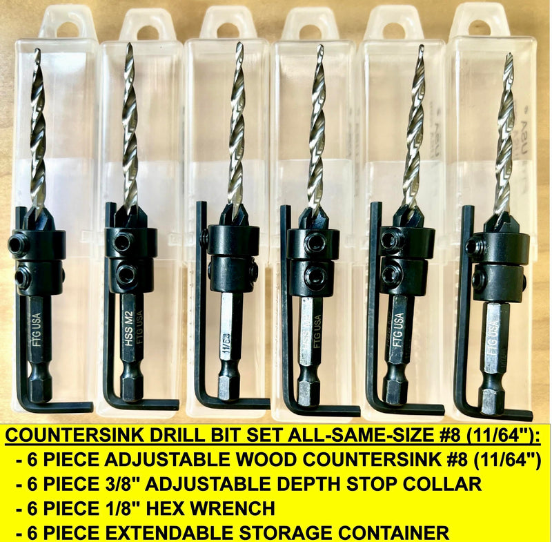 FTG USA 6 Pc #8 (11/64") Countersink Drill Bit Set with Tapered Drill Bits | Includes 6 counter sink drill bit for wood, all same size. Each countersink comes with depth stop and hex key in storage case Same Sort 6 Pc
