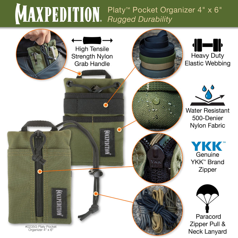 MAXPEDITION Platy Pocket Organizer, Durable EDC Tool Pouch for Men, Neck Wallet with Paracord Lanyard, Holds Flashlight, Multitool, Pen, Notebook (OD Green, 4" x 6")