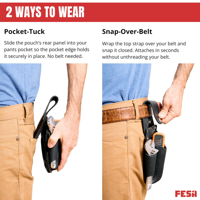 FESA Leather Electrician Tool Pouch - Pocket Caddy Clip On Tool Pouch with Voltage Test Meter Pocket & 5 Other Compartments - Easy On & Off - Fits Belts up to 3" Wide - Handcrafted Black