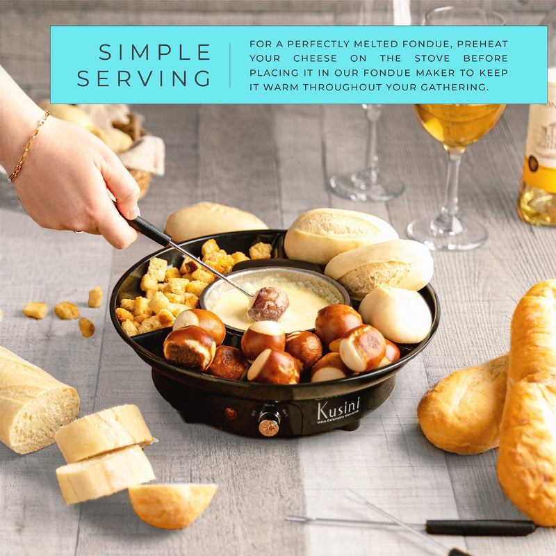 Kusini Electric Fondue Pot Set - Chocolate Fondue Kit - Temperature Control, Detachable Serving Trays, & 4 Roasting Forks - Gift Set & Date Night Idea. Serve at Movie Night or Game Night. Black