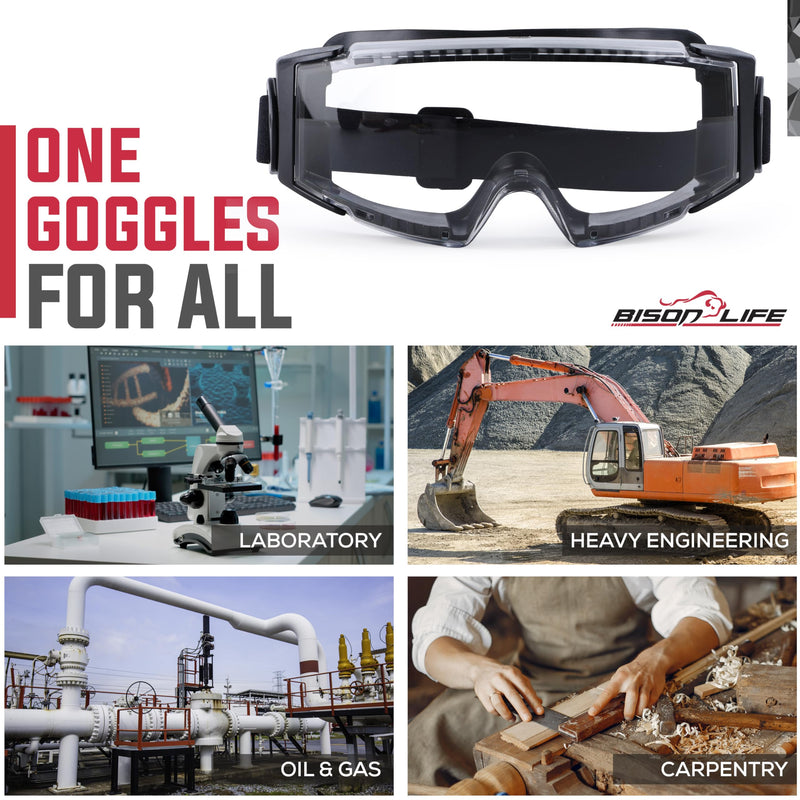 BISON LIFE SplashPro, Safety Goggles Over Glasses, ANSI Z87.1 Anti-Fog Safety Goggles, Impact & Scratch Resistant, Eye Protection Over Prescription Glasses, Adjustable Strap, Lab & Work Goggles