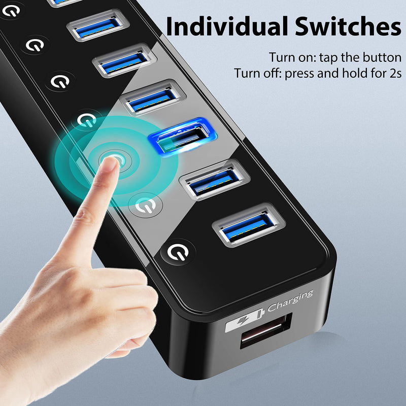 USB Hub 3.0 Powered, 7 Ports USB Data Hub Splitter with One Smart Charging Port and 5V/4A Powered Adapter and ON/Off Switches for MacBook, Mac Pro/Mini, iMac, Surface Pro Laptop/PC black