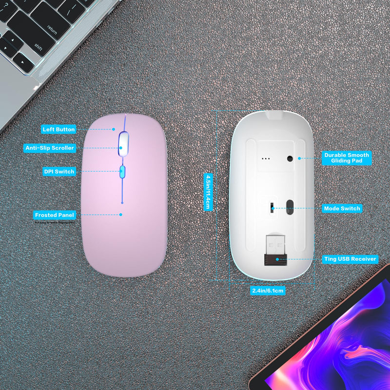 Wireless Bluetooth Mouse,LED Rechargeable Laptop Mouse.Portable Computer Mice use(BT5.2 and USB 2.4G) Dual Mode Connection,Silent,Slim,for Apple Laptop/ipad Tablet/Mac/PC. (Pink) Pink