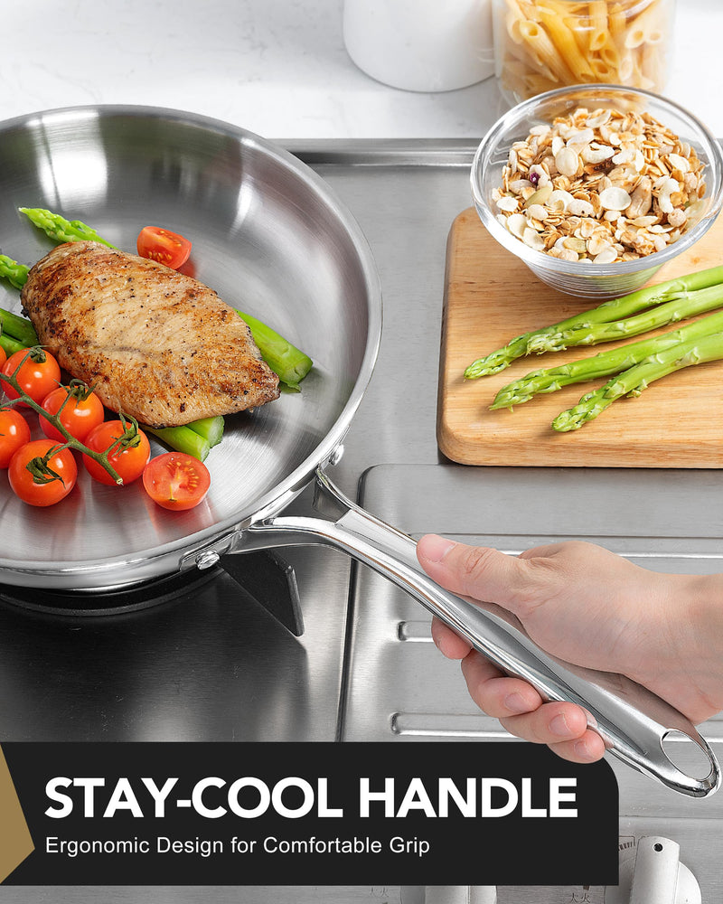 MICHELANGELO Stainless Steel 8 inch Frying Pan, Small Skillet with Triply Base, Stainless Steel Pan with Ergonomic Handle, Induction Compatible Silver 8-Inch w/o Lid