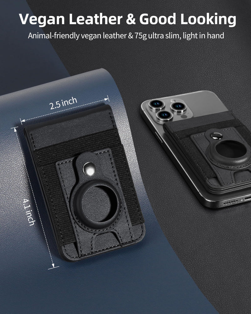 For Magsafe Wallet Stand with Airtag Holder, Strongest Magnetic Wallet for iPhone 15/14/13/12 Series, ID Window, 4 Card Slots, 10 Cards Holder, Vegan Leather, RFID Blocking, Black