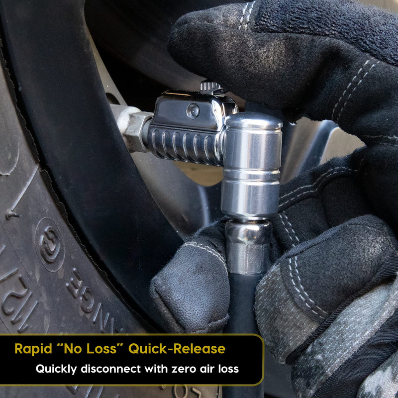 JACO Lightning L2X Quick-Connect Tire Inflator Air Chuck Extension (Locking Adapter) | Patented Lock-on Compressor Hose Attachment (Open Flow) 90 Degree Head