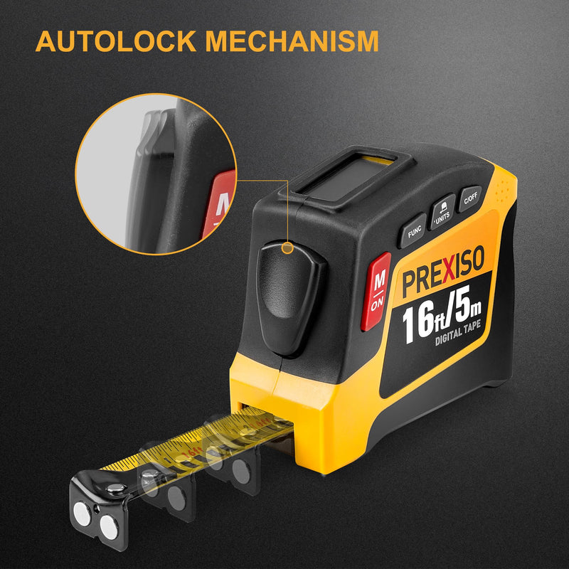 PREXISO 2-in-1 Digital Tape Measure - 16Ft Rechargeable Measuring Tape Ft/Ft+in/in/M/CM/MM - Metric & Inches Retractable Measurement Tape Tool with Auto Lock & Magnetic Tip - Pythagorean, Area, Volume Yellow