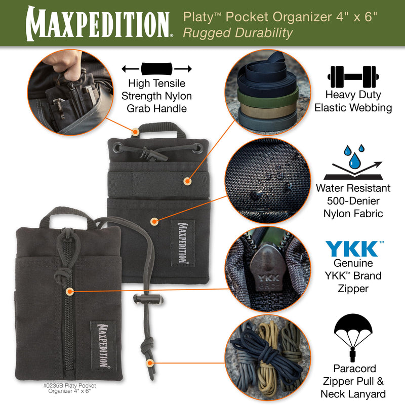 MAXPEDITION Platy Pocket Organizer, Durable EDC Tool Pouch for Men, Neck Wallet with Paracord Lanyard, Holds Flashlight, Multitool, Pen, Notebook Black 4" x 6"