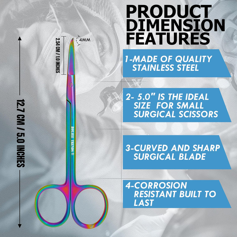 Suture Stitch Scissors with Multicolor/Rainbow Titanium Coating - Premium Quality Instrument- Delicate Hook - Perfect for Suture Removal, First Aid, EMS Training and More (13cm) 13cm