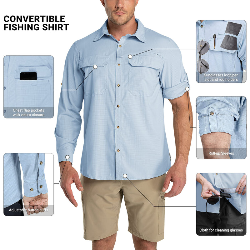 Outdoor Ventures Men's UPF 50+ UV Sun Protection Shirt, Long Sleeve Hiking Fishing Shirt Cooling Quick Dry for Safari Travel Light Blue X-Large