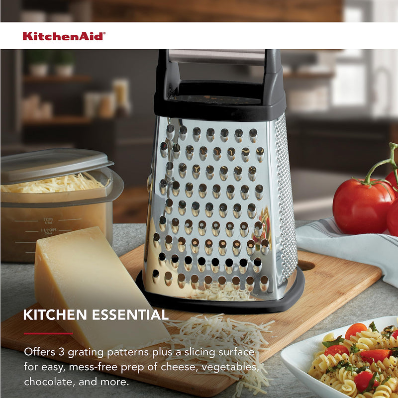 KitchenAid Gourmet 4-Sided Stainless Steel Box Grater for Fine, Medium and Coarse Grate, and Slicing, Detachable 3 Cup Storage Container and Measurment Markings, Dishwasher Safe, 10 inches tall, Black 10 Inch
