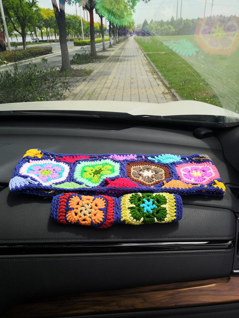 YDM Crochet Steering Wheel Cover, Sunflower Design, Standard Size (14-15 inches), Cotton, Slip Resistant, Elastic, Customizable Color, Gift Idea steering wheel cover+2 belt cover
