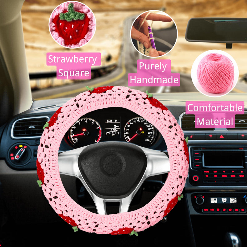 Crochet Steering Wheel Cover Set,Cute Car Steering Wheel Cover Boho 14-15in,Pink Strawberry Granny Square Pattern,Hippie Women Car Accessories (A Wheel Cover) A Wheel Cover