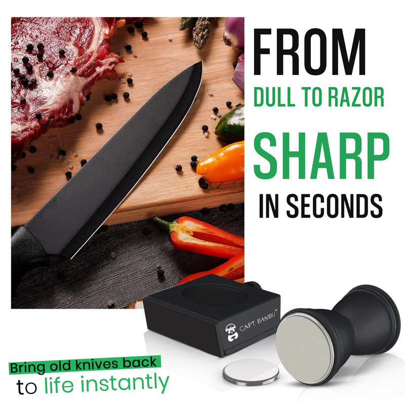 Rolling Knife Sharpener Kit - Crafted with Premium Stainless Steel | Kitchen Knife Sharpener Includes a 400 Grit Diamond Disc to Restore Sharpness and a Ceramic Disc to Polish and Smooth the Blade Black