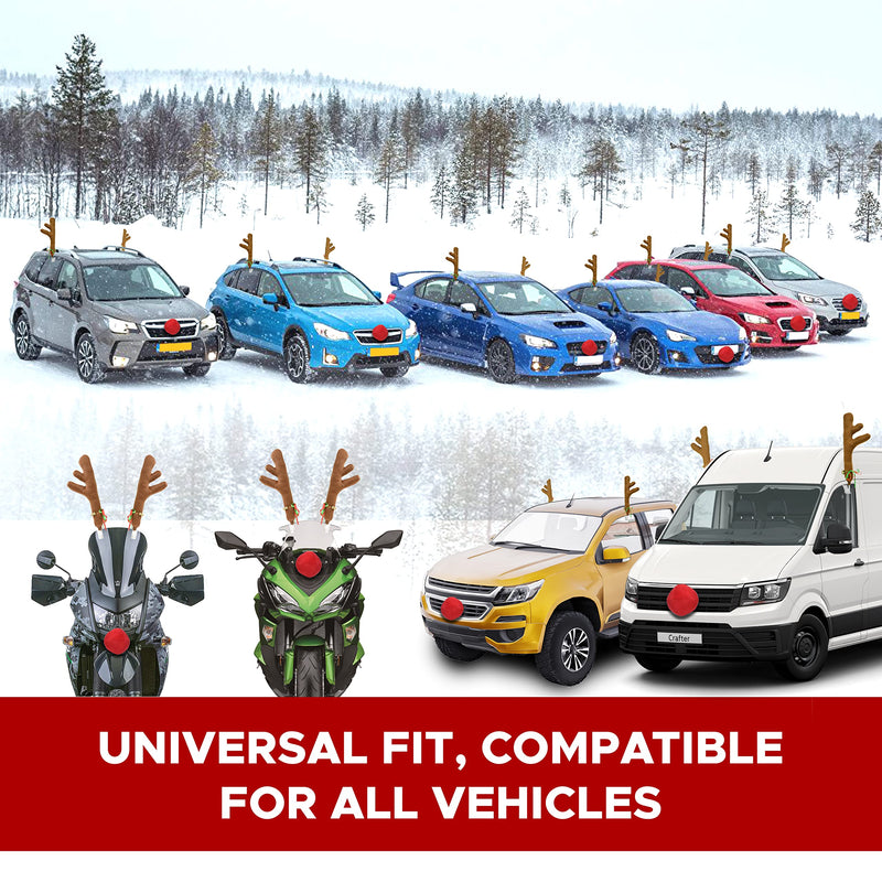 EcoNour Car Reindeer Antlers & Nose for Christmas | Car Decoration Kit with Reindeer Antler, Jingle Bells & Nose | Reindeer Horns Set Made of Sponge Stuffings | Rudolph Car Decoration for Christmas