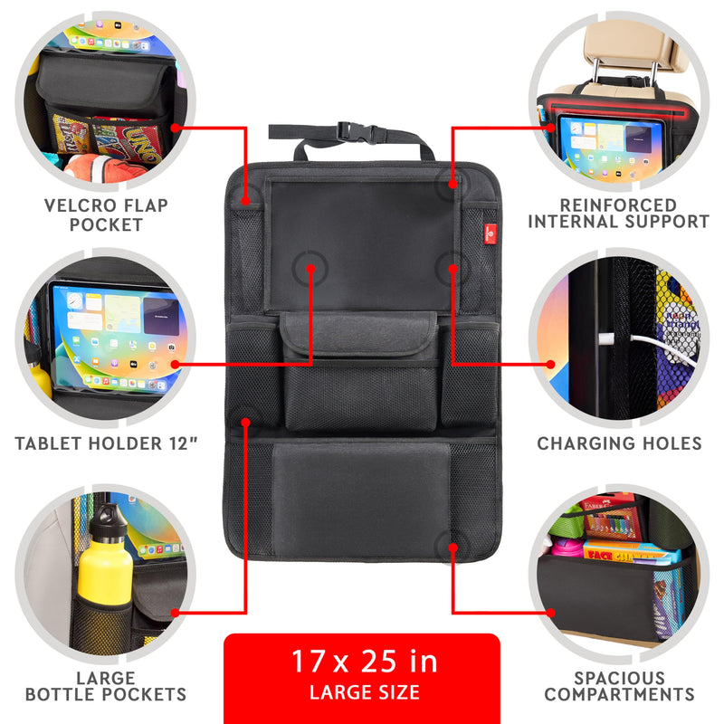 Helteko Car Seat Organizer, Ultra Version Kids Backseat Car Organizers and Storage, Waterproof Back Seat Protector Kick Mats with Tablet Holder 12" Car Accessories Interior, Black 1 Pack
