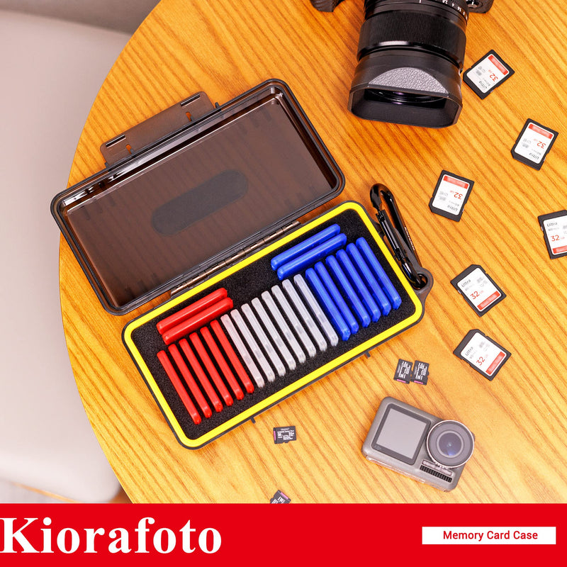 Kiorafoto Memory Card Case with 24 Pack Clear Plastic Memory Card Holders for 24 SD SDXC SDHC & 24 TF Cards,Water-Resistant Anti-Shock SD MicroSD Card Carrying Organizer Storage Protector with Labels for 24 SD + 24 Micro SD（With Box）