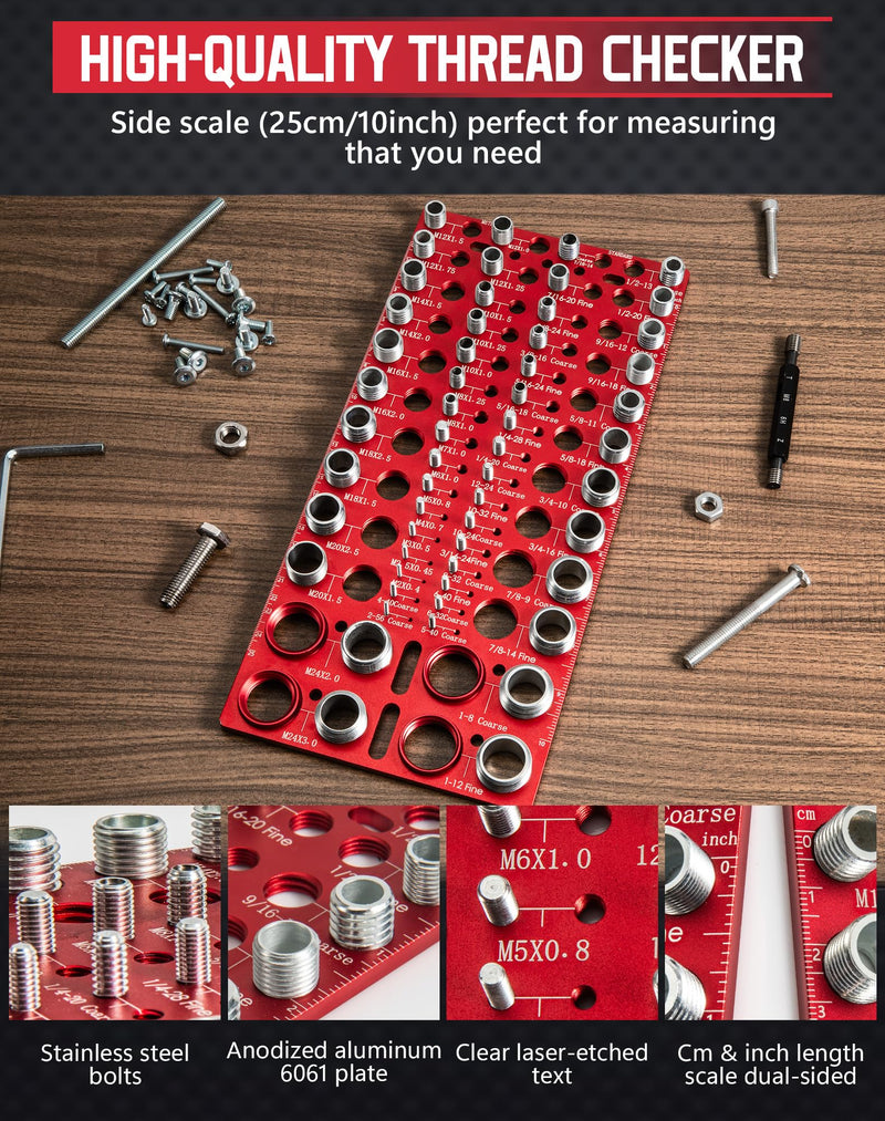 56 Thread Checker, VEXTHYX 30 Standard and 26 Metric nut and Bolt Thread Gauge, SAE & Metric Bolt Size Finder for Bolt Gauge Measuring, wall-mountable Bolt Thread identifier Tool with Inch & CM Ruler