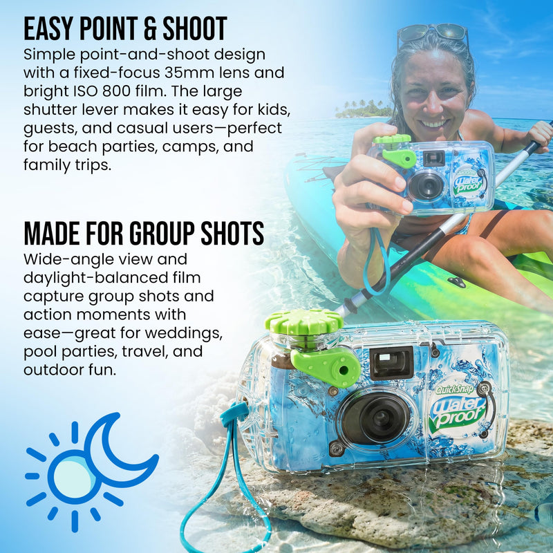 Fujifilm QuickSnap 800 Waterproof Camera Bundle with Archival Photo Sleeves | Single use 35 mm color film camera, 27 exposures, waterproof up to 35 feet, with 100 4x6 clear photo sleeves for prints
