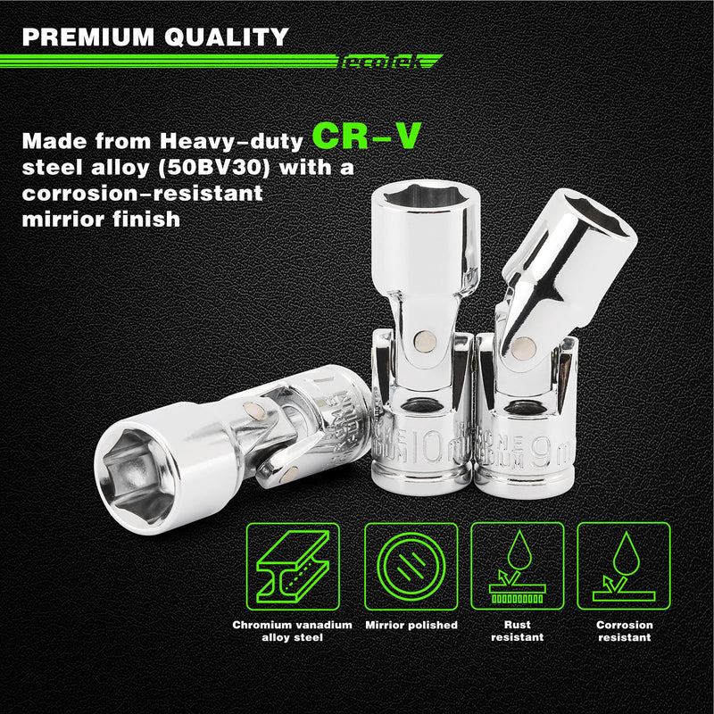 TecoTek 19-Piece 1/4-Inch Drive Universal Joint Socket Set, Swivel Socket Set, 6-Point, SAE (3/16" to 9/16") and Metric (5mm to 15mm), CR-V, Universal Flex Socket for Easier Access to Tight Spaces 1/4" Dr. Metric & SAE (19pcs)