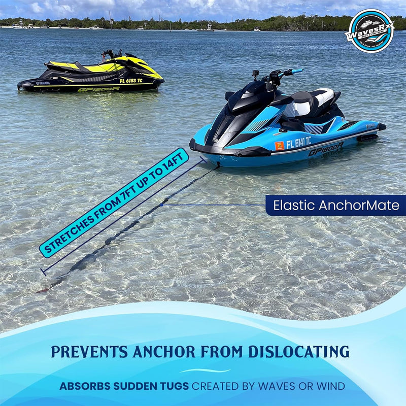 WAVESRX AnchorMate Bungee Line | Boat Bungee Dock Lines for Boats, PWCs & Kayaks | Absorbs Shock from Swells & Wind, Prevents Anchor Dislodging | Perfect for Anchoring, Mooring & Tethering 7-14 BLACK
