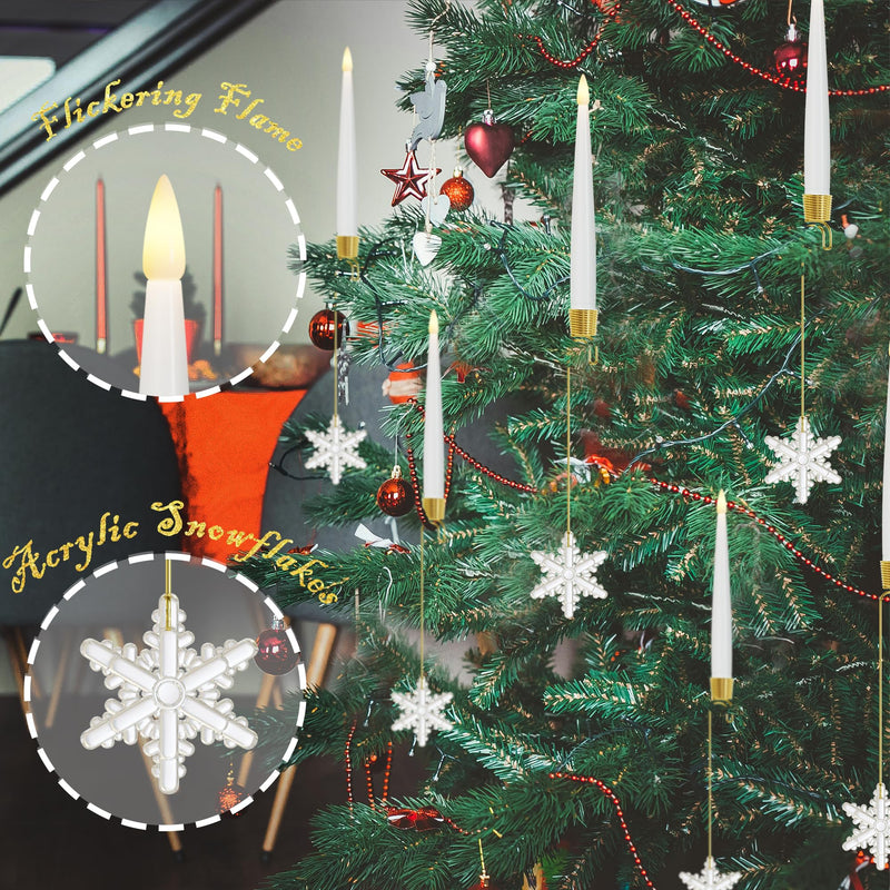 Flameless Christmas Tree Candles with Remote, 12 Pack Battery Operated LED Candles for Christmas Tree Flickering Flame for Xmas Indoor Decor - Acrylic Snowflake