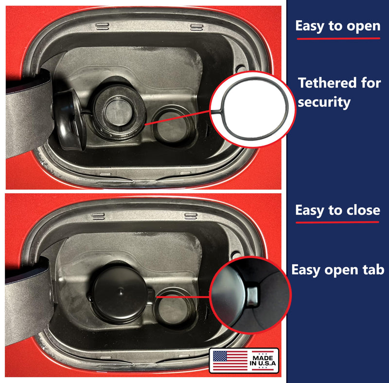 Cap & Shield Tethered 2.375inch ID, Capless Gas Cap Dirt, Water & Dust Cover and Fuel Funnel Bundle Compatible With GMC, Chevrolet, Buick & Cadillac 1 Black Tethered Cover