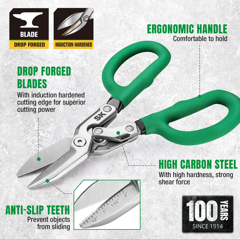 SK 10" Compound Action Tin Snips, Metal Shears with Forged Blade, Heavy Duty Metal Cutter Scissors, Ergonomic Handle for Comfortable Grip 10-Inch