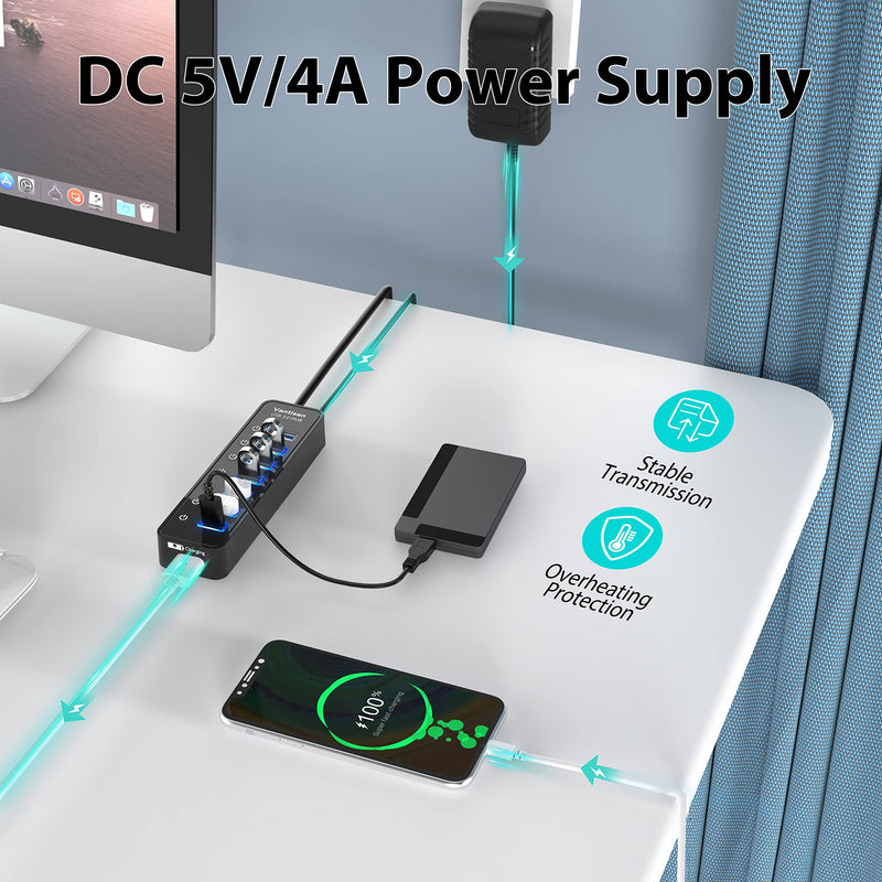 USB Hub 3.0 Powered, 7 Ports USB Data Hub Splitter with One Smart Charging Port and 5V/4A Powered Adapter and ON/Off Switches for MacBook, Mac Pro/Mini, iMac, Surface Pro Laptop/PC black